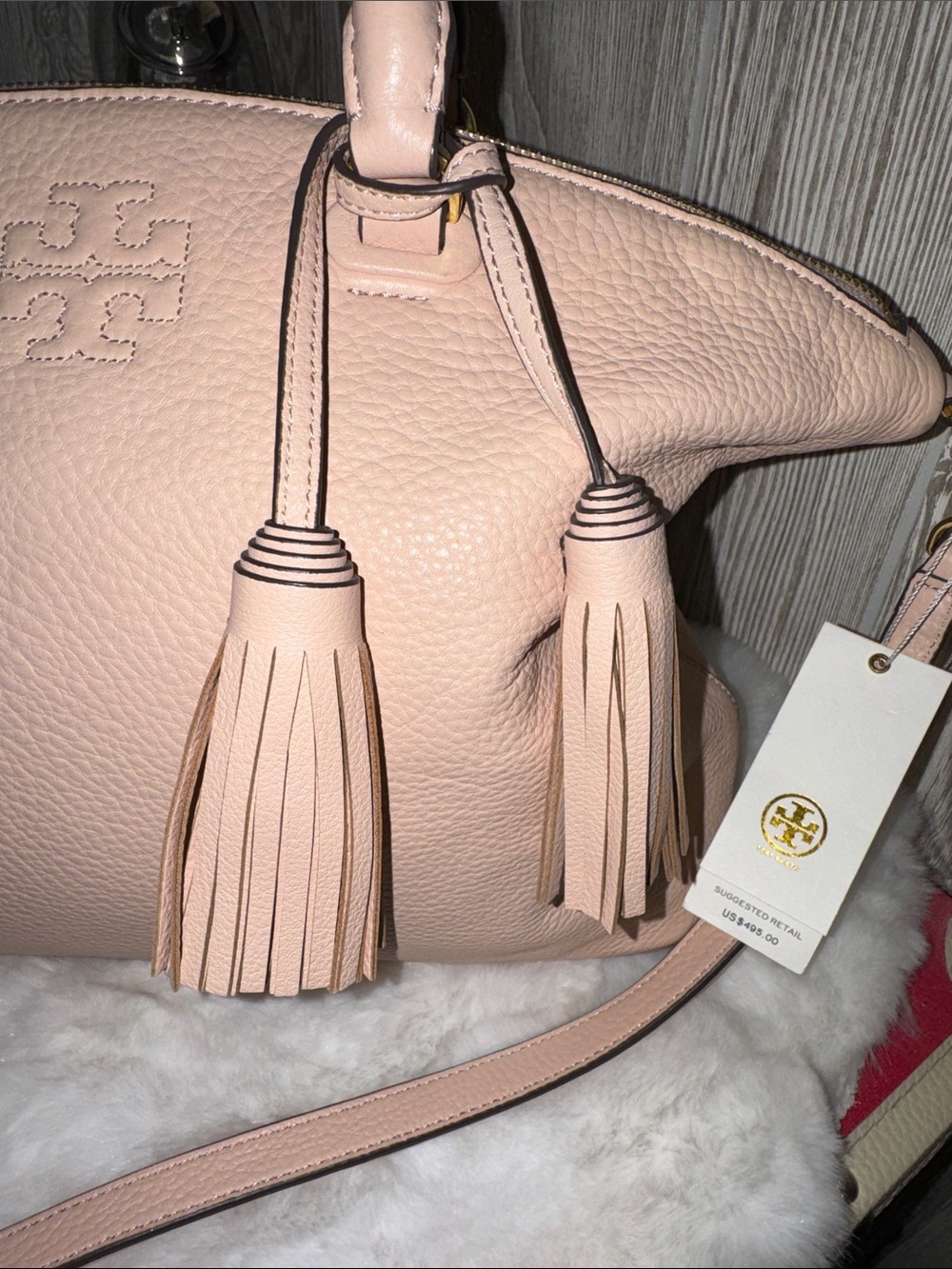 Tory Burch Thea Medium Pale Pink Pebbled Leather Satchel - Picture 5 of 13